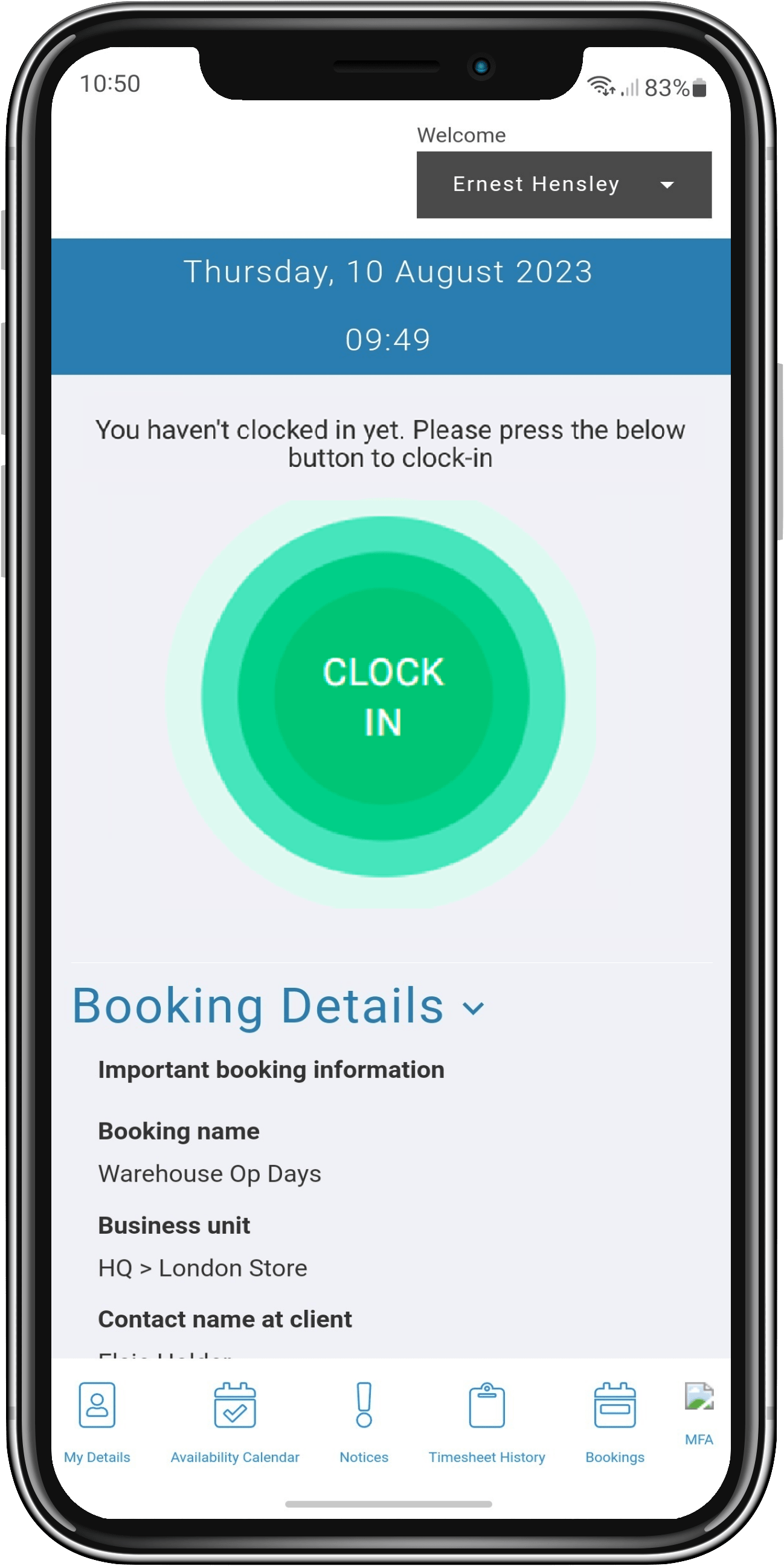 PrimePRO portal — Clock In screen