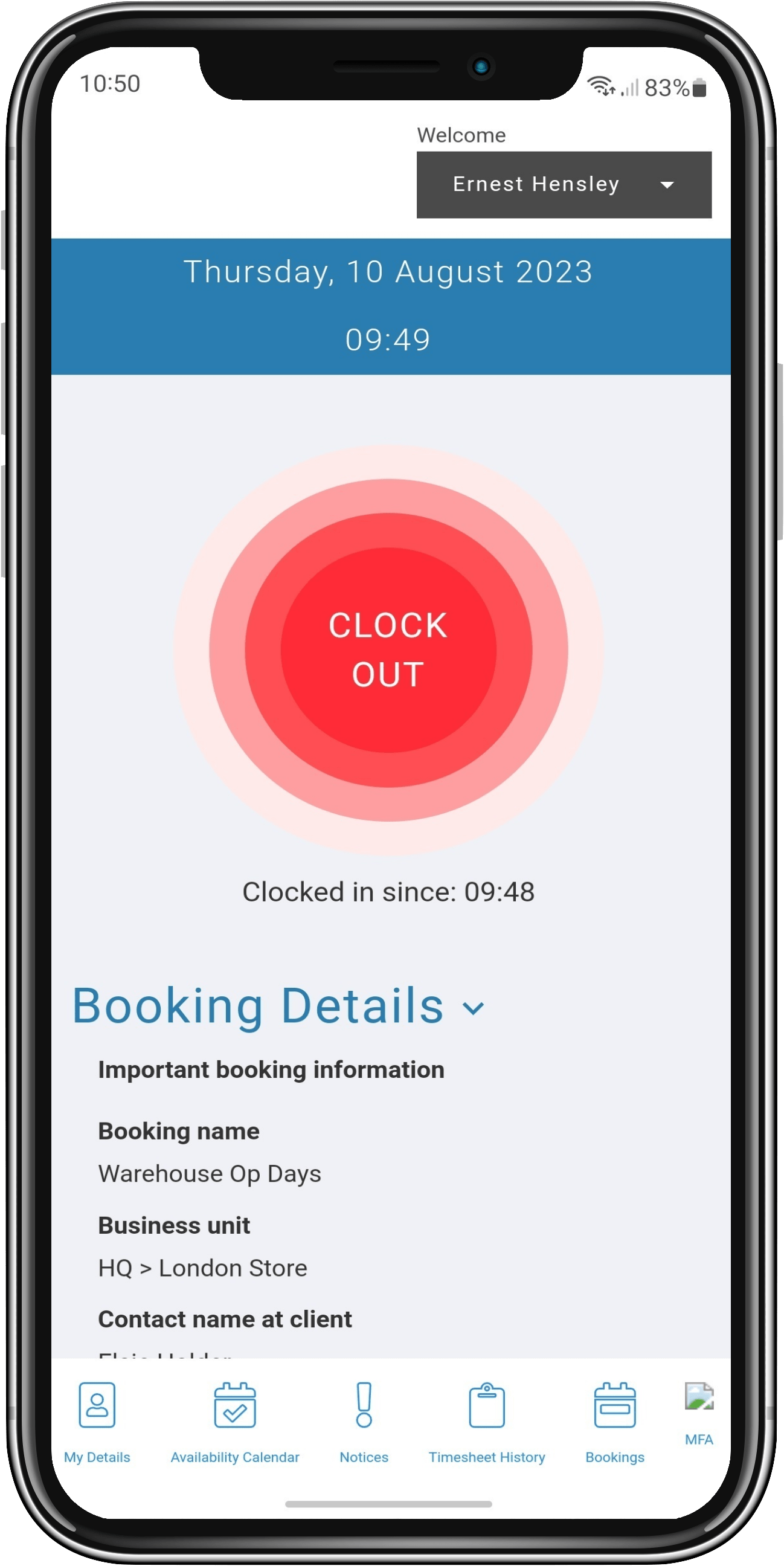 PrimePRO portal — Clock Out screen